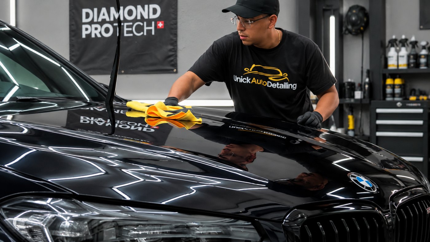 Unick technician applying ceramic coating to a glossy black BMW